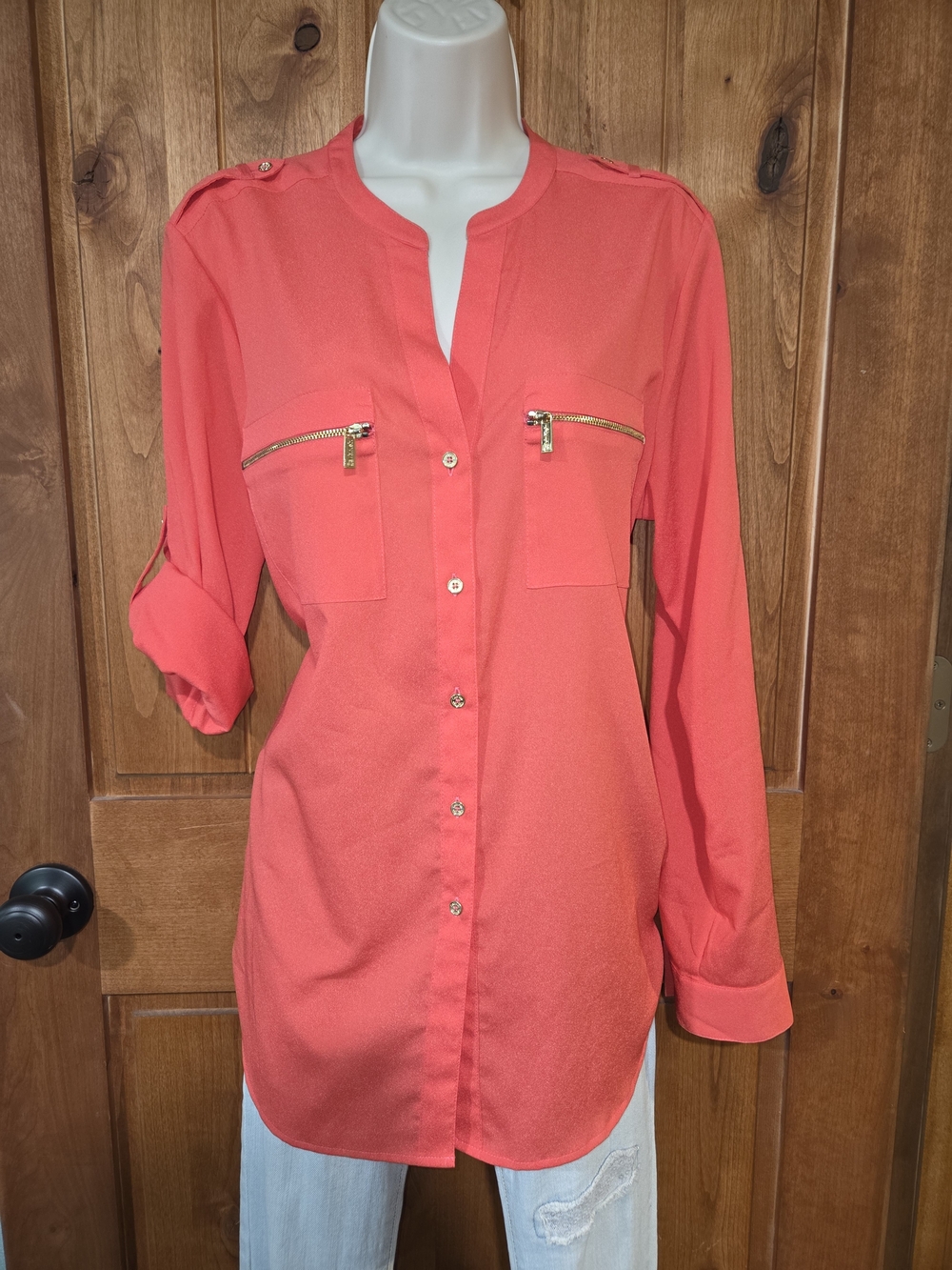 Calvin Klein Coral Long-Sleeve Button Tunic with Gold Zippers